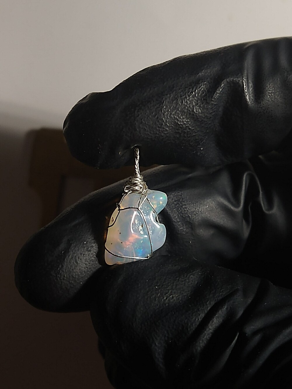 Natural Crystal Opal Sterling Silver Wire Wrap Pendant